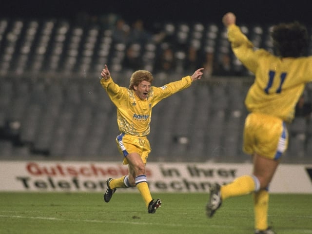Gordon Strachan celebrates scoring against Stuttgart in the Nou Camp in October 1992.