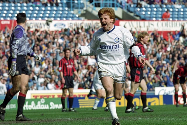 Gordon Strachan celebrates scoring against Blackburn Rovers at Elland Road in April 1993. The wee man scored a hat-trick that day.