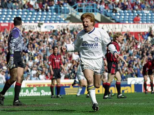 Gordon Strachan celebrates scoring against Blackburn Rovers at Elland Road in April 1993. The wee man scored a hat-trick that day.