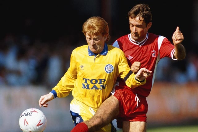 Gordon Strachan is challenged by Bournemouth's Shaun Brooks during a Second Division match Dean Court in May 1990. A Lee Chapman header won the game and earned Leeds promotion.