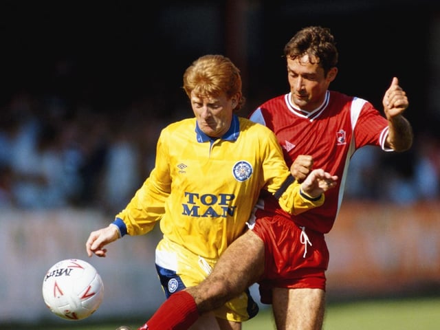 Gordon Strachan is challenged by Bournemouth's Shaun Brooks during a Second Division match Dean Court in May 1990. A Lee Chapman header won the game and earned Leeds promotion.