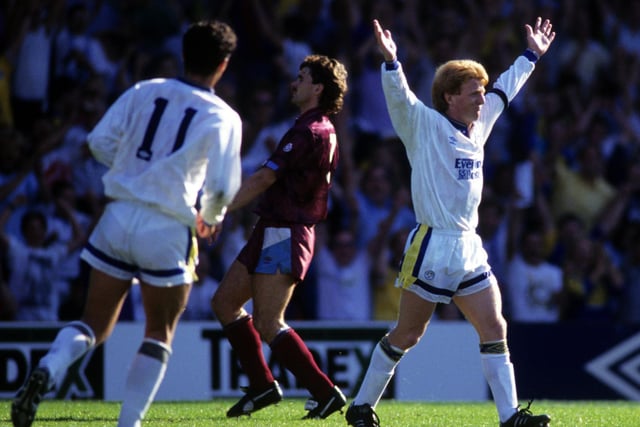 Gordon Strachan celebrates scoring against Manchester City in a 3-0 win at Elland Road in September 1991.