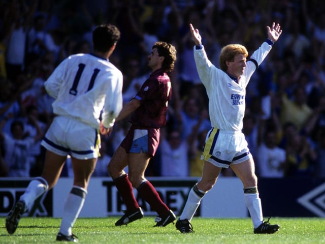 Gordon Strachan celebrates scoring against Manchester City in a 3-0 win at Elland Road in September 1991.