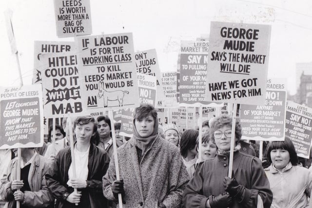 More than 100 market traders marched to Leeds Civic Hall in September 1985 to protest against the redevelopment plans.