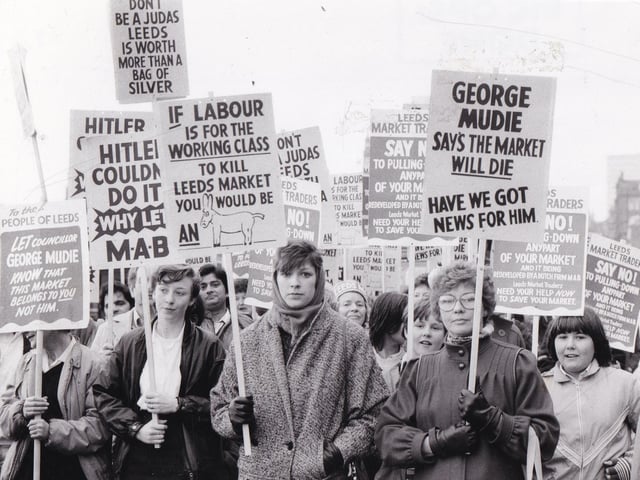 More than 100 market traders marched to Leeds Civic Hall in September 1985 to protest against the redevelopment plans.