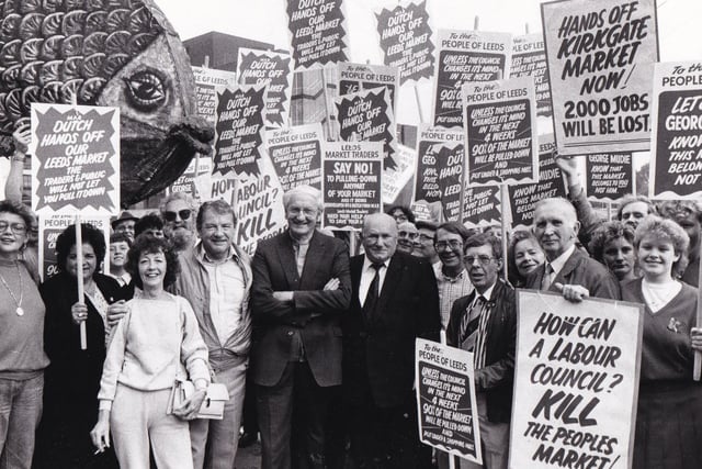 More than 100 market traders marched to Leeds Civic Hall in September 1985 to protest against the redevelopment plans.