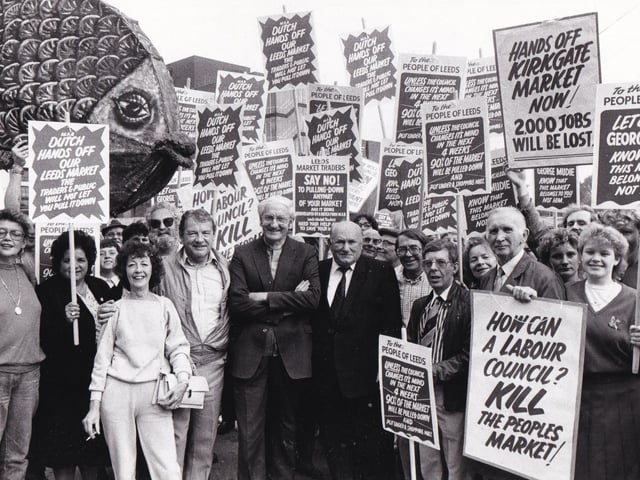 More than 100 market traders marched to Leeds Civic Hall in September 1985 to protest against the redevelopment plans.