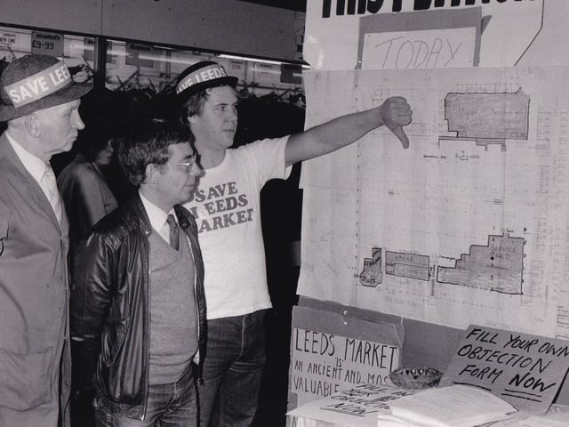 Thumbs down from Edward Cornell, centre, of the Leeds Market Traders' Committee and other campaign organisers Michael Harwin (left) and John Beard.