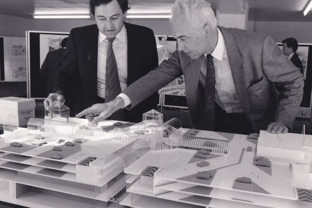 Ippe Konings, a director of developers MAB, discusses the £90 million scheme with the firm's letting agent Anthony White in June 1986. They were in a shop on The Headrow to answer questions about the proposed development.