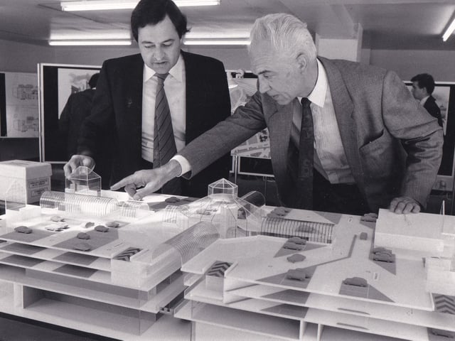 Ippe Konings, a director of developers MAB, discusses the £90 million scheme with the firm's letting agent Anthony White in June 1986. They were in a shop on The Headrow to answer questions about the proposed development.