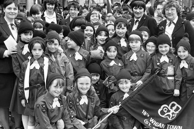 The 18th Wigan Town Brownies, St Anne's, Beech Hill, at the St George's Day parade in April 1983