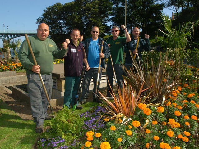 Gardeners celebrate their win at the Rotunda roundabout: team leader Phil Moseley, David Thompson, Darren Saulsby, Eddie Johnson and Gary Kilner.