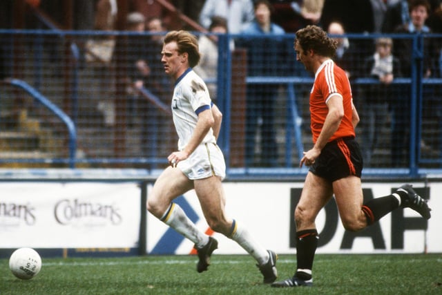 Andy Ritchie pushes forward against Crystal Palace at Elland Road in March 1983. He scored as the Whites won 2-1.