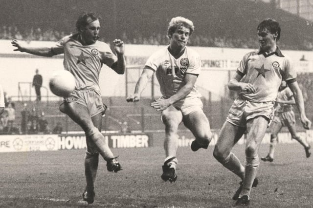Aidan Butterworth scores against Newcastle United at Elland Road in October 1982. Kenny Burns and Frank Worthington also scored in a 3-1 win.