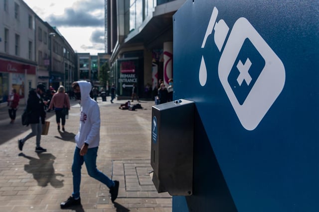 Hand sanitiser points remain in place throughout Leeds city centre