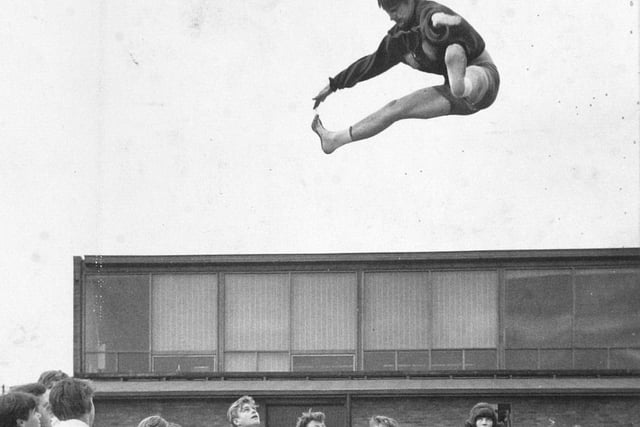 Alan Clark practicing trampolining in May 1965.