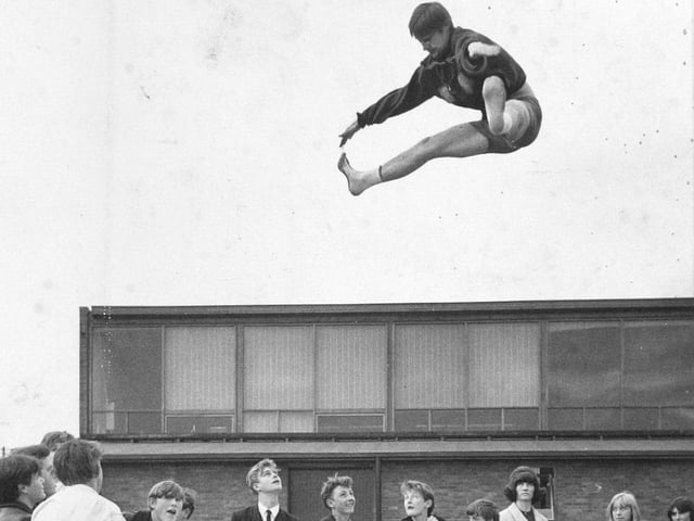 Alan Clark practicing trampolining in May 1965.
