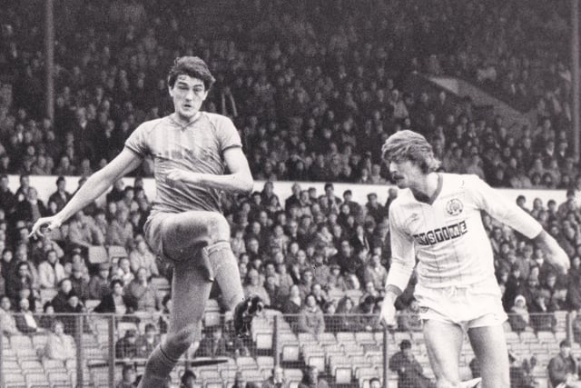 Tony Brown heads home against Shrewsbury Town at Elland Road in February 1984. The Whites won 3-0.