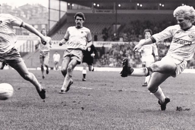 Aidan Butterworth fires home the winner against Blackburn Rovers at Elland Road in  March 1984.