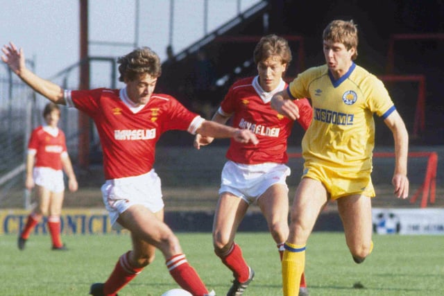 Martin Dickinson in action against Huddersfield Town in April 1984. The game finished 2-2 with Peter Barnes and Andy Ritchie scoring the Whites.
