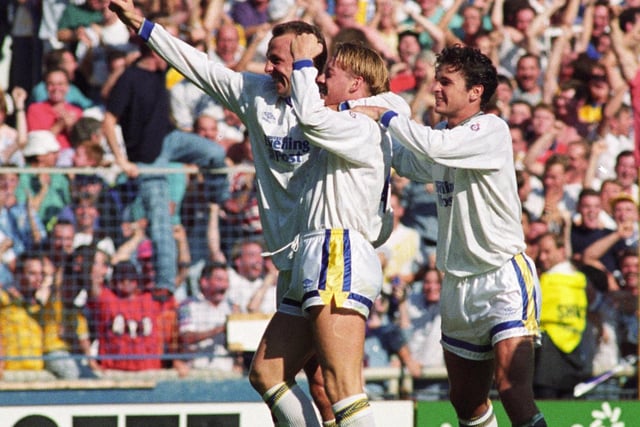 David Batty celebrates scoring against Manchester City at Elland Road with teammates Gary Speed and Gary McAllister in September 1991.