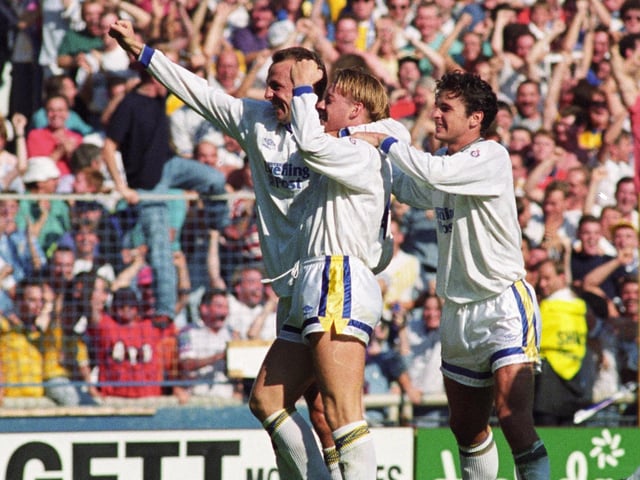 David Batty celebrates scoring against Manchester City at Elland Road with teammates Gary Speed and Gary McAllister in September 1991.