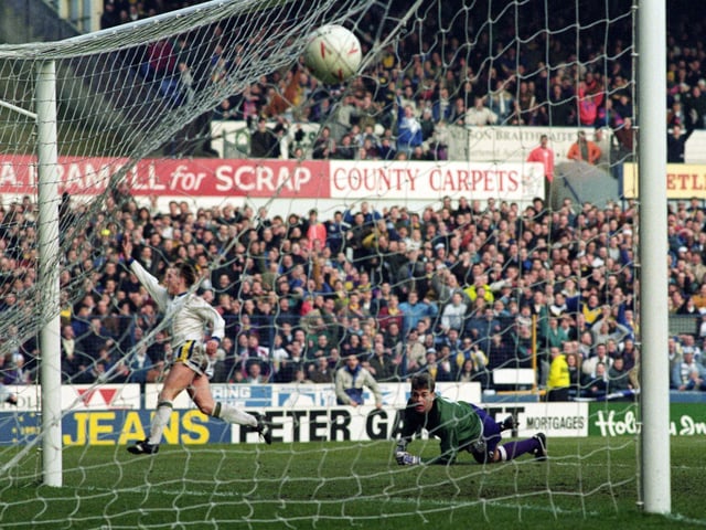David Batty celebrates scoring against Notts County at Elland Road in February 1992.