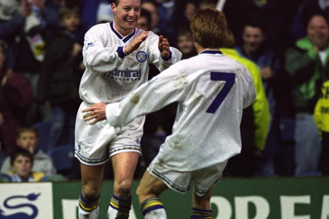 David Batty celebrates with Gordon Strachan after scoring against Middlesbrough at Elland Road in January 1993.