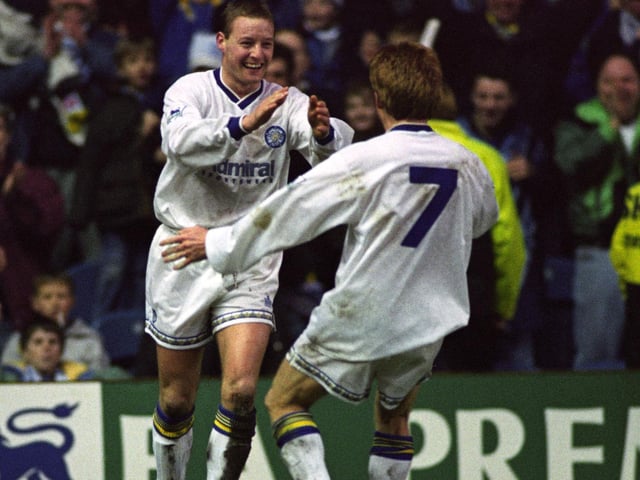 David Batty celebrates with Gordon Strachan after scoring against Middlesbrough at Elland Road in January 1993.