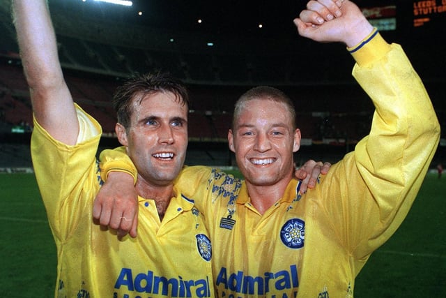 Batts and Carl Shutt celebrate in the Nou Camp after Leeds beat Stuttgart in October 1992.