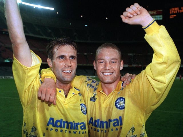 Batts and Carl Shutt celebrate in the Nou Camp after Leeds beat Stuttgart in October 1992.