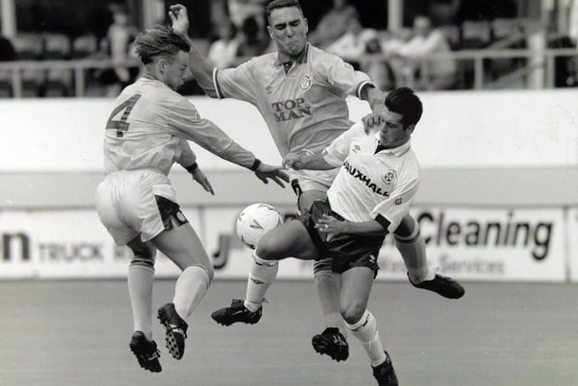 Batts and teammate Vinnie Jones in action against Luton Town at Kenilworth Road in 1990.