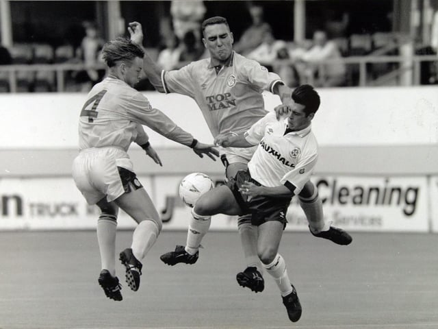 Batts and teammate Vinnie Jones in action against Luton Town at Kenilworth Road in 1990.