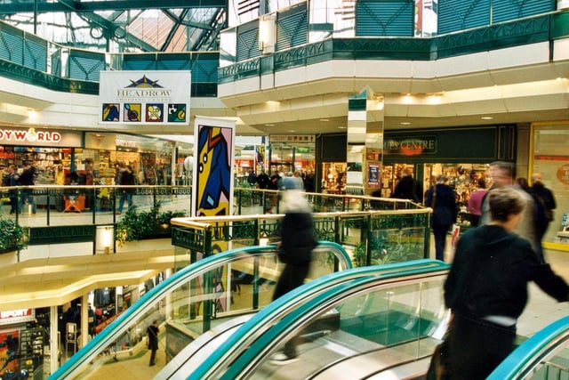 View of the top escalator on the top level of Headrow Shopping Centre in October 1999.