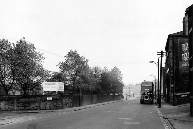 October 1955. Stanningley Road at junction with Cecil Road and Beech Drive. To the left is 'Hygienic Laundry' and on the right up Beech Drive is the 'English Electric Co. Ltd'.