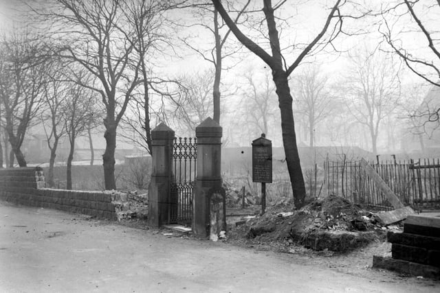 Damaged gates at Christ Church on Theaker Lane in January 1952.