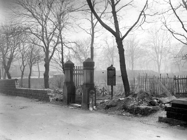 Damaged gates at Christ Church on Theaker Lane in January 1952.