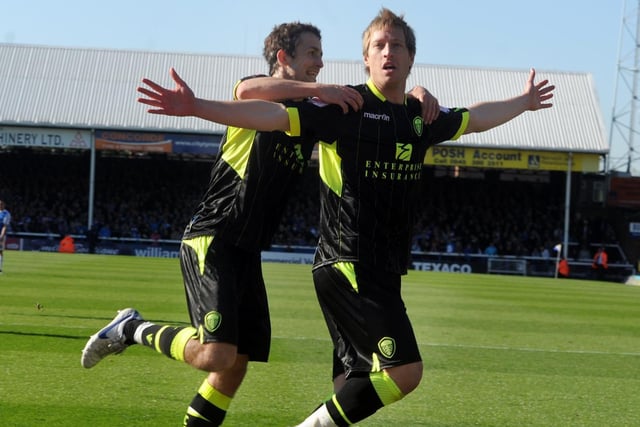 The lime and green kit anyone? Luciano Becchio celebrates scoring against Peterborough United in October 2011.