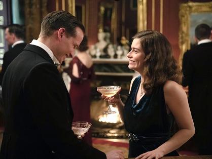 James Herriot (Nicholas Ralph) and Helen Alderson (Rachel Shenton). The look of the party scene was created around that peacock blue dress.