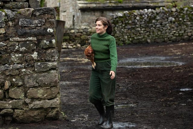 A vision in country green, farmer's daughter Helen Alderson (Rachel Shenton) wears corduroy trousers for her first appearance.