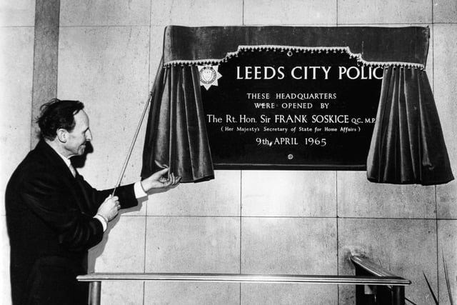 Home Secretary Sir Frank Soskice unveils a commemorative plaque when he opened the new Leeds City Police headquarters at Brotherton House in April 1965.  It cost £325,000