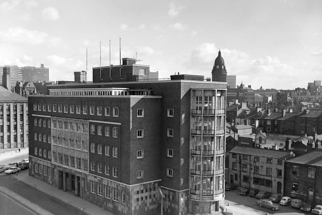 Looking across to Leeds City Police headquarters, Brotherton House, from the Leeds International Pool in March 1967.