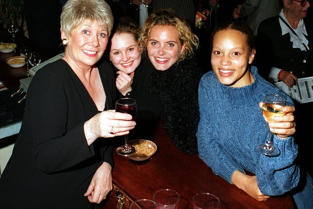 Liz Dawn (Vera Duckworth) behind the bar at the Grand Theatre with three other Coronation Street stars. From left, Chloe Newsome, Tracey Smith and Angela Griffin.