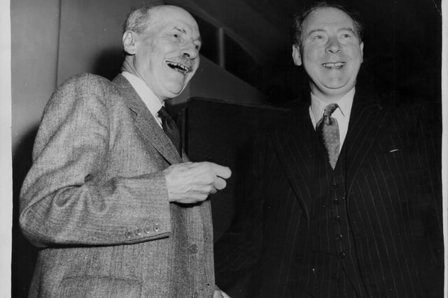 Former Labour Prime Minister Clement Attlee and Hugh Gaitskell in Blackpool, in October 1956