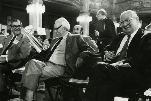 Labour's Denis Healey, Michael Foot and James Callaghan at the 1984 Labour Party Conference at the Empress Ballroom Blackpool