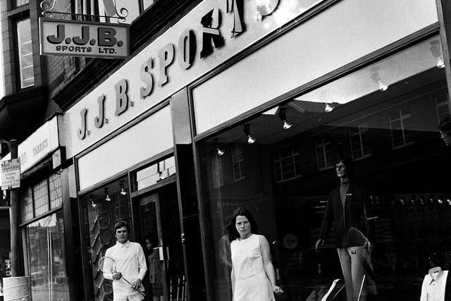 JJB Sports store on Market Street in Wigan town centre 1972 during a promotion for tennis equipment