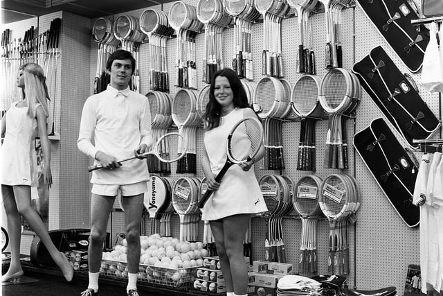 JJB Sports store on Market Street in Wigan town centre 1972 during a promotion for tennis equipment