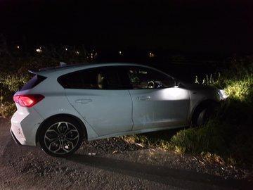 Cabus Nook Lane, Cabus tonight... drink driver fails to negotiate a straight road!! before he crashes his Ford Focus into a hedge/fence.. detained by PC's 3998 & 36. Male driving his Motability car. He won't get another Motability car.. shame!