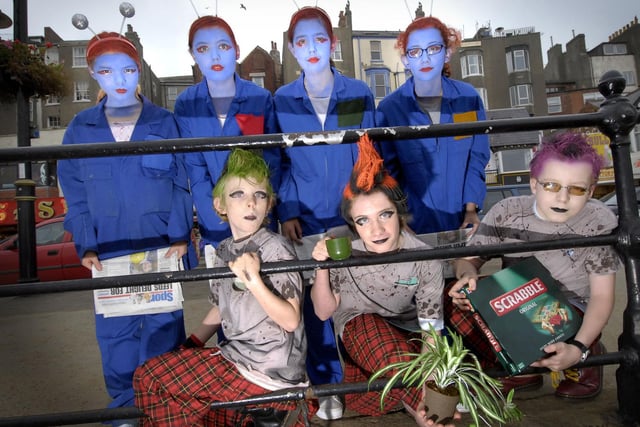SJT Youth Theatre Rounders members as posh punks and aliens! Back, Miriam Shipley, Ilona Timperley, Alex Consoli, and Eleanor Richards. Front, Rory Stephenson-Eves, Christian Hicks and Alex White at the Urban Renaissance event.