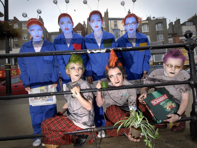 SJT Youth Theatre Rounders members as posh punks and aliens! Back, Miriam Shipley, Ilona Timperley, Alex Consoli, and Eleanor Richards. Front, Rory Stephenson-Eves, Christian Hicks and Alex White at the Urban Renaissance event.